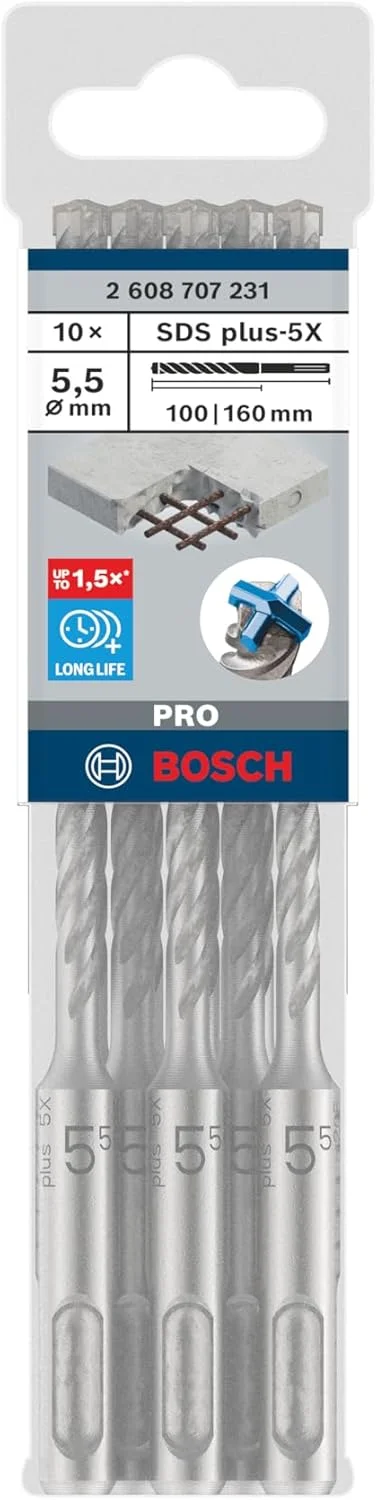 مته چکش SDS plus-5X بوش 10 عددی PRO (برای بتن مسلح، بتن، Ø 5,50 میلی متر، لوازم جانبی حرفه ای چکش چرخشی)