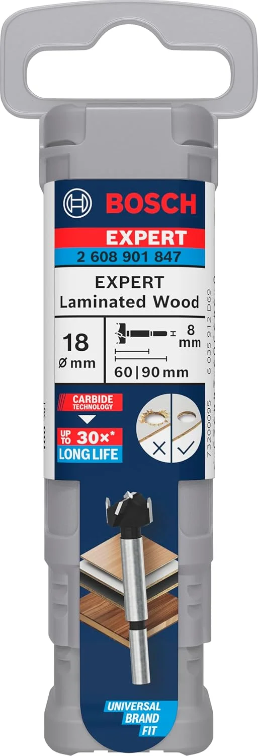 مته سوراخ لولای چوب روکش دار بوش مدل Expert، مناسب برای پنل های روکش پلاستیکی، صفحات مبلمان چوبی، قطر 18.00 میلی متر، لوازم جانبی حرفه ای برای دریل ایستاده