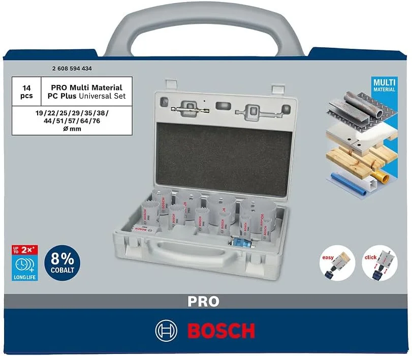 مجموعه اره گردبر چند منظوره بوش 14 عددی سری PRO Multi Material Power Change Plus - جعبه قالب گیری شده (برای چوب نرم، دیوار خشک، قطر 19-76 میلی متر، لوازم جانبی حرفه ای دریل/پیچ گوشتی، دریل چکشی/پیچ گوشتی)