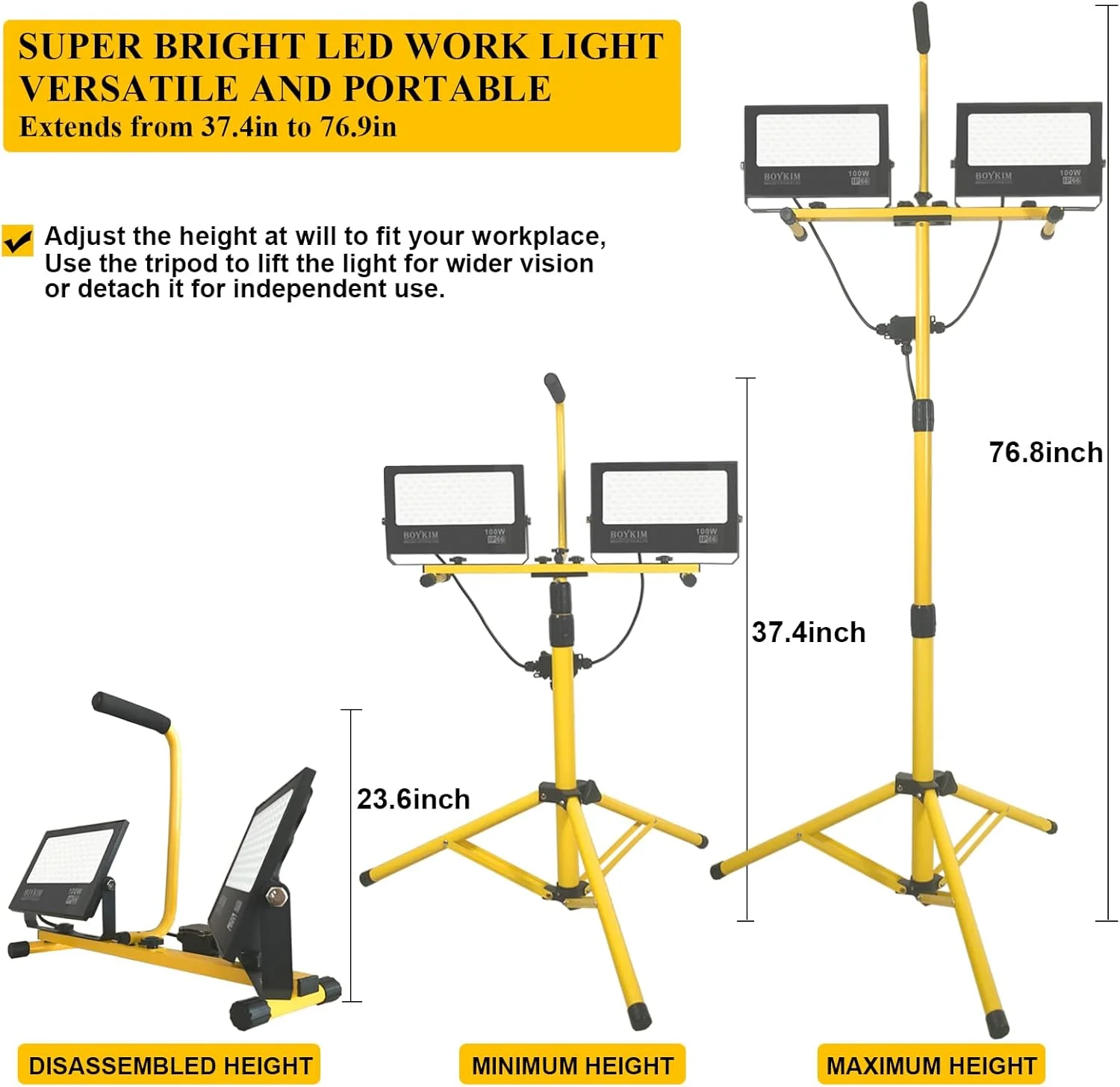 چراغ کار ال ای دی BOYKIM با پایه، 200 وات 20000 لومن، چراغ های سیلابی قابل حمل در فضای باز با سیم برق 16 فوتی، ارتفاع قابل تنظیم ضد آب IP66 برای کارگاه ساختمانی گاراژ چراغ کار ال ای دی BOYKIM با پایه، 200 وات 20000 لومن، چراغ های سیلابی قابل حمل در فضای باز با سیم برق 16 فوتی، ارتفاع قابل تنظیم ضد آب IP66 برای کارگاه ساختمانی گاراژ