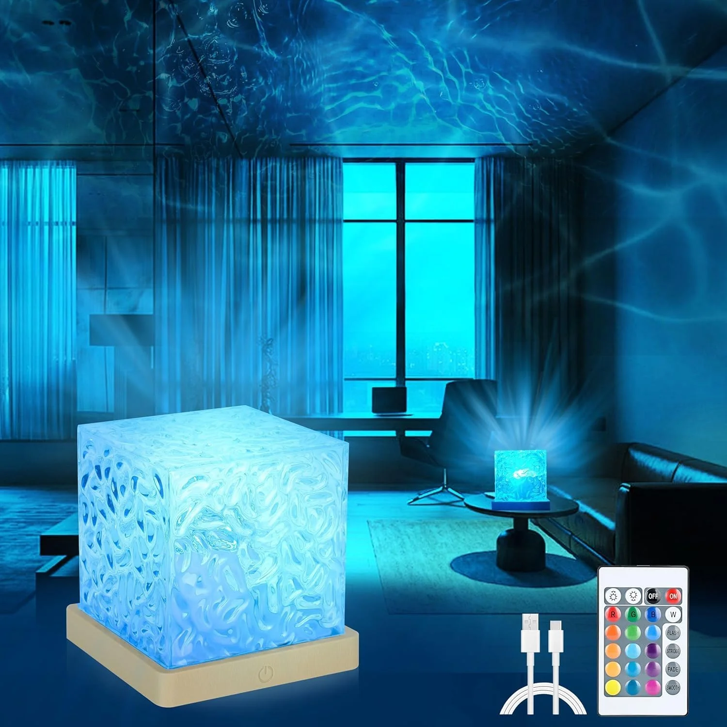 پروژکتور نور کهکشان اقیانوس، پروژکتور لامپ موج دار آب با 16 رنگ به همراه کنترل از راه دور، لامپ مکعبی نور پروژکتور موج اقیانوس، لامپ حسی موج اقیانوس برای دکور اتاق نشیمن/اتاق مهمانی