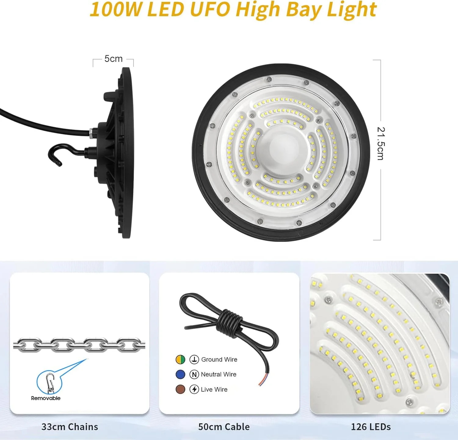 چراغ LED صنعتی مدل UFO، نورافکن LED، ۱۰۰ وات، ۶۵۰۰ کلوین، ضد آب IP65، ۱۰۰۰۰ لومن، طول عمر ۵۰۰۰۰ ساعت چراغ LED صنعتی مدل UFO، نورافکن LED، ۱۰۰ وات، ۶۵۰۰ کلوین، ضد آب IP65، ۱۰۰۰۰ لومن، طول عمر ۵۰۰۰۰ ساعت
