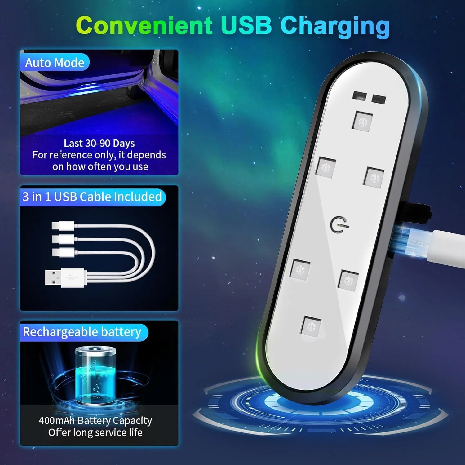 چراغ های درب خودرو KASTWAVE LED با 7 رنگ، چراغ های پروژکتور با حسگر مغناطیسی، چراغ خوش آمدگویی آستانه درب، پروژکتور ادب، قابل شارژ USB بی سیم، چراغ های هشدار دهنده فضای داخلی خودرو 4 عدد