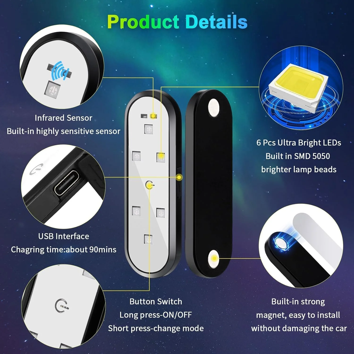 چراغ های درب خودرو KASTWAVE LED با 7 رنگ، چراغ های پروژکتور با حسگر مغناطیسی، چراغ خوش آمدگویی آستانه درب، پروژکتور ادب، قابل شارژ USB بی سیم، چراغ های هشدار دهنده فضای داخلی خودرو 4 عدد