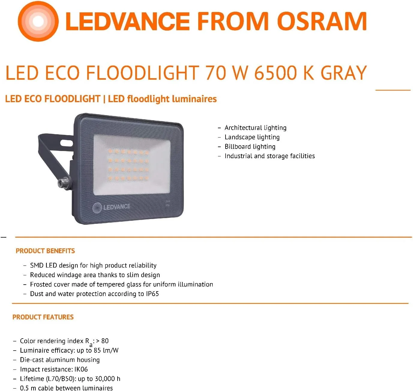 پروژکتور ال ای دی 70 وات Ledvance Eco مناسب پارکینگ/حفاظت/نورپردازی معماری، طراحی باریک و سبک، مقاومت در برابر آب IP65، نور روز 5950 لومن 6500 کلوین، Ledv-Eco-Fl-70W-Dl پروژکتور ال ای دی 70 وات Ledvance Eco مناسب پارکینگ/حفاظت/نورپردازی معماری، طراحی باریک و سبک، مقاومت در برابر آب IP65، نور روز 5950 لومن 6500 کلوین، Ledv-Eco-Fl-70W-Dl