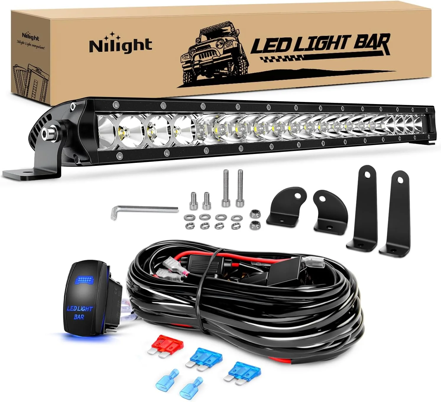 چراغ LED نیلايت، 21 اینچ، 100 وات، ترکیبی نقطه ای و سیلابی، فوق العاده باریک، 9000 لومن، چراغ رانندگی LED سه بعدی مناسب برای آفرود به همراه کیت سیم کشی تک سیمه، مناسب برای کامیون، پیکاپ، SUV، ATV، UTV، قایق، ون، کمپر و خودروهای 4x4 چراغ LED نیلايت، 21 اینچ، 100 وات، ترکیبی نقطه ای و سیلابی، فوق العاده باریک، 9000 لومن، چراغ رانندگی LED سه بعدی مناسب برای آفرود به همراه کیت سیم کشی تک سیمه، مناسب برای کامیون، پیکاپ، SUV، ATV، UTV، قایق، ون، کمپر و خودروهای 4x4