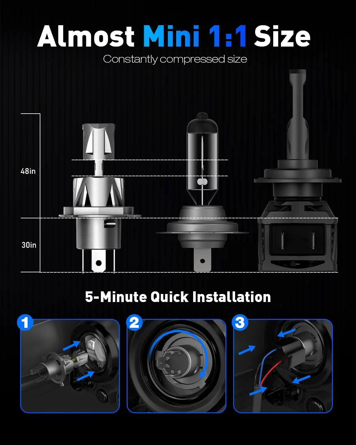 لامپ ال ای دی چراغ جلوی خودرو NOVSIGHT H4 - سایز 1:1، نور فوق العاده روشن 6500K سفید یخی، نصب آسان، ضد آب IP68، بسته 2 عددی