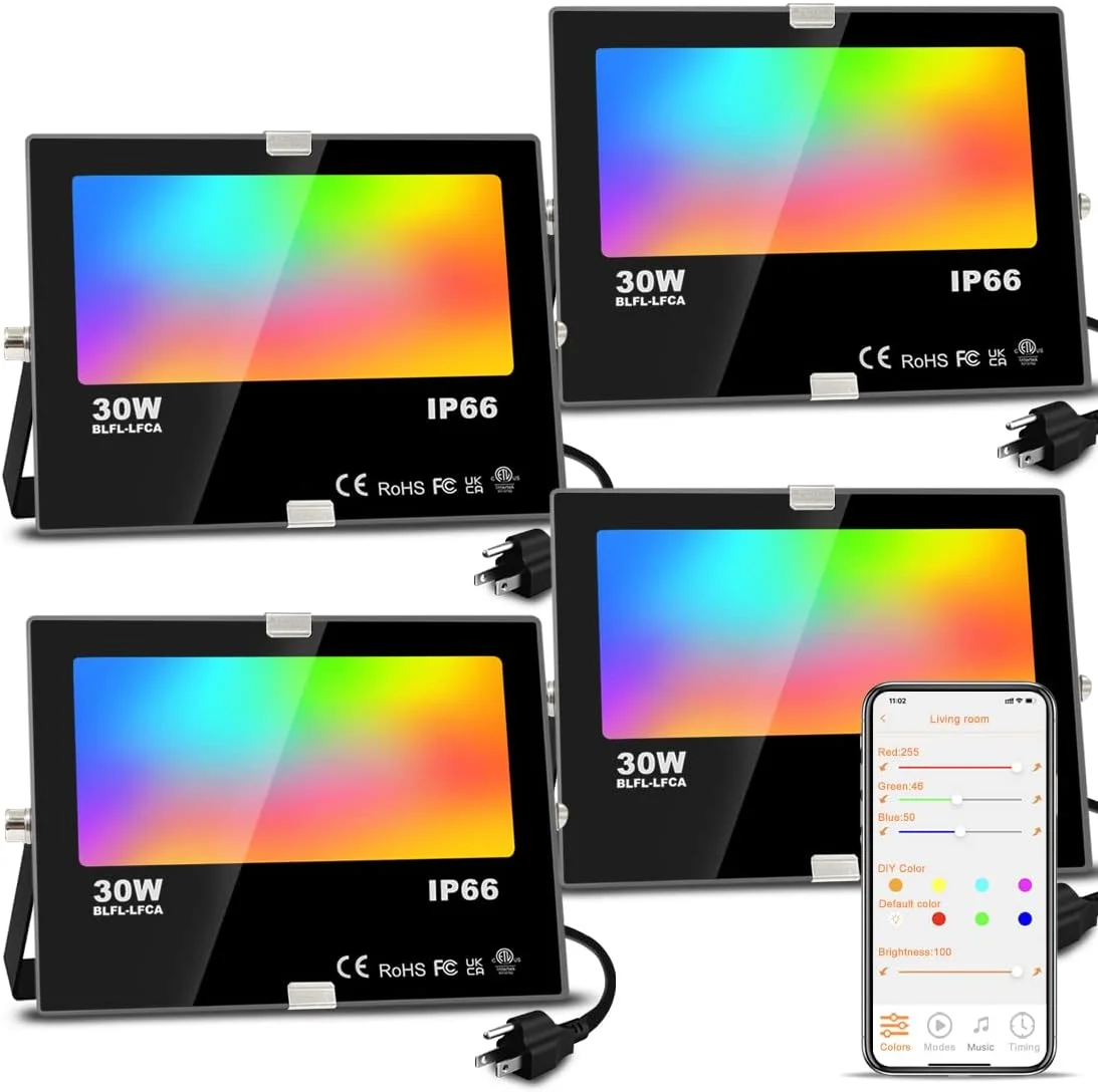 چراغ ال ای دی پروژکتوری فضای باز، معادل 300 وات 3000 لومن هوشمند RGB با کنترل برنامه، صحنه های DIY - زمان بندی - نور سفید روز 5700K - تغییر رنگ نور، ضد آب IP66 دوشاخه آمریکایی MELPO (بسته 4 عددی)