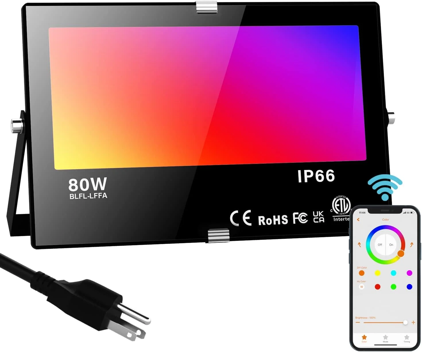 چراغ LED پروژکتور بیرونی، معادل 800 وات 8000 لومن چراغ های استیج RGB هوشمند، رنگ های RGB بلوتوثی + سفید گرم 2700K - کنترل برنامه و گروهی و زمان بندی، IP66 ضد آب دوشاخه آمریکایی 3 شاخه نورپردازی بارق تغییر رنگ