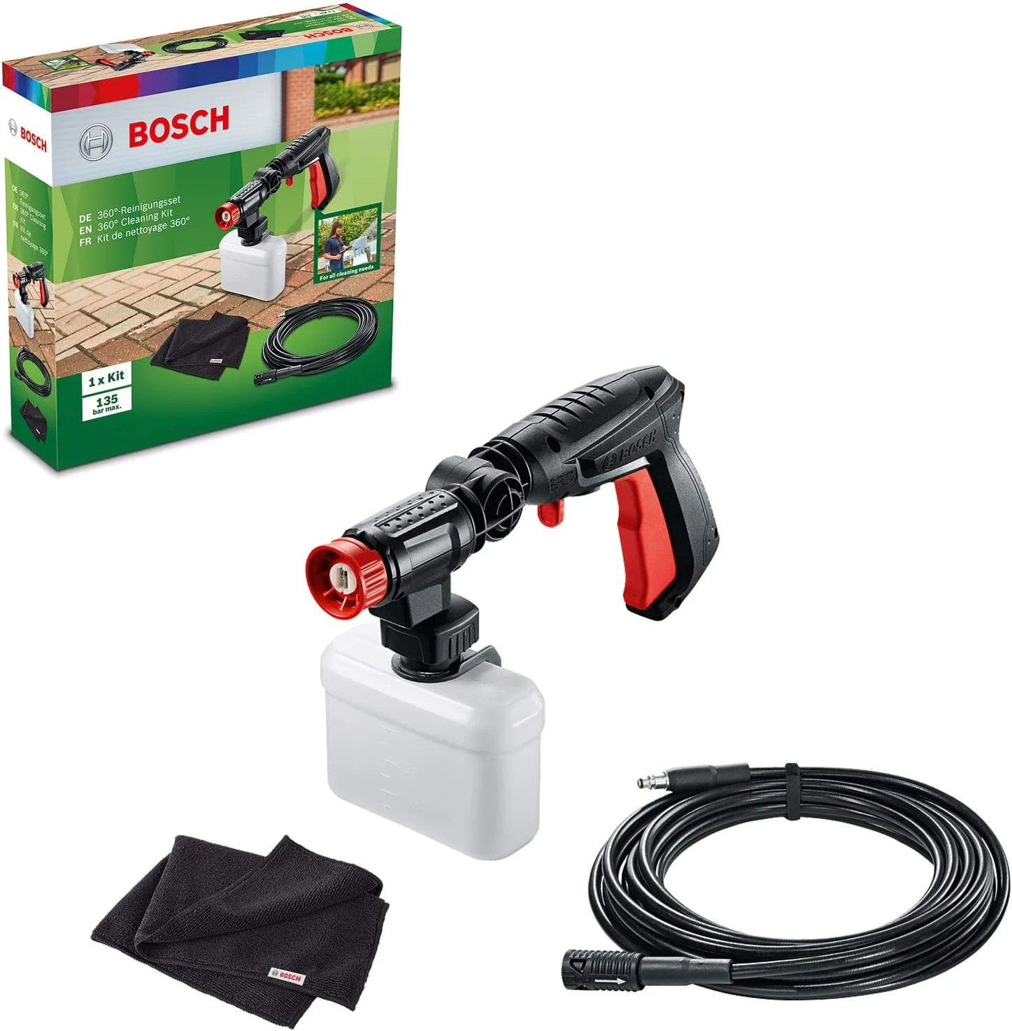 مجموعه تمیز کننده واشر بوش مدل F016800612 (شامل تفنگ فشار قوی 360 درجه، نازل مواد شوینده و شلنگ افزایش طول، بسته بندی کارتنی)