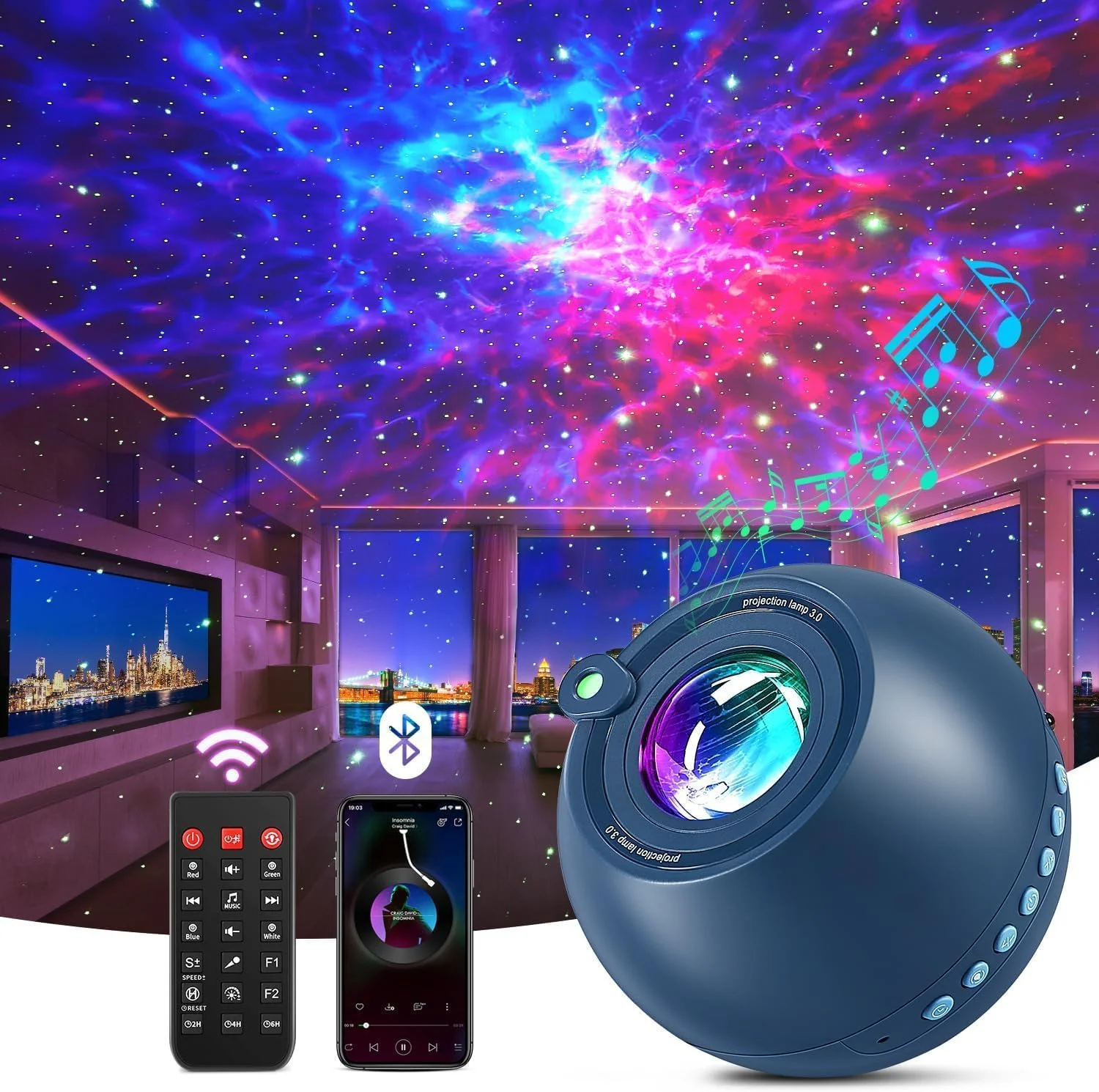 PIKOY Galaxy Projector, 105 Light Modes, 15 Colors, Bluetooth Speaker, White Noise Machine, Remote Control, 7 Brightness Levels, Star Lights Projector for Bedroom