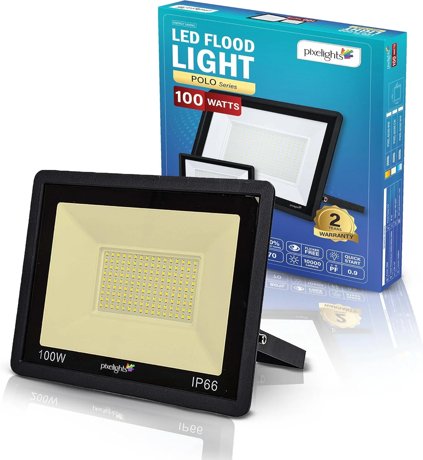 پروژکتور ال ای دی 100 وات Pixelights، نور گرم - 3000 کلوین، IP65، طول عمر 25000 ساعت، مناسب برای باغ، زمین بازی، گاراژ، کارخانه ها، پارکینگ، پارک، زمین بازی و غیره. کد محصول: PIXEL62100WW