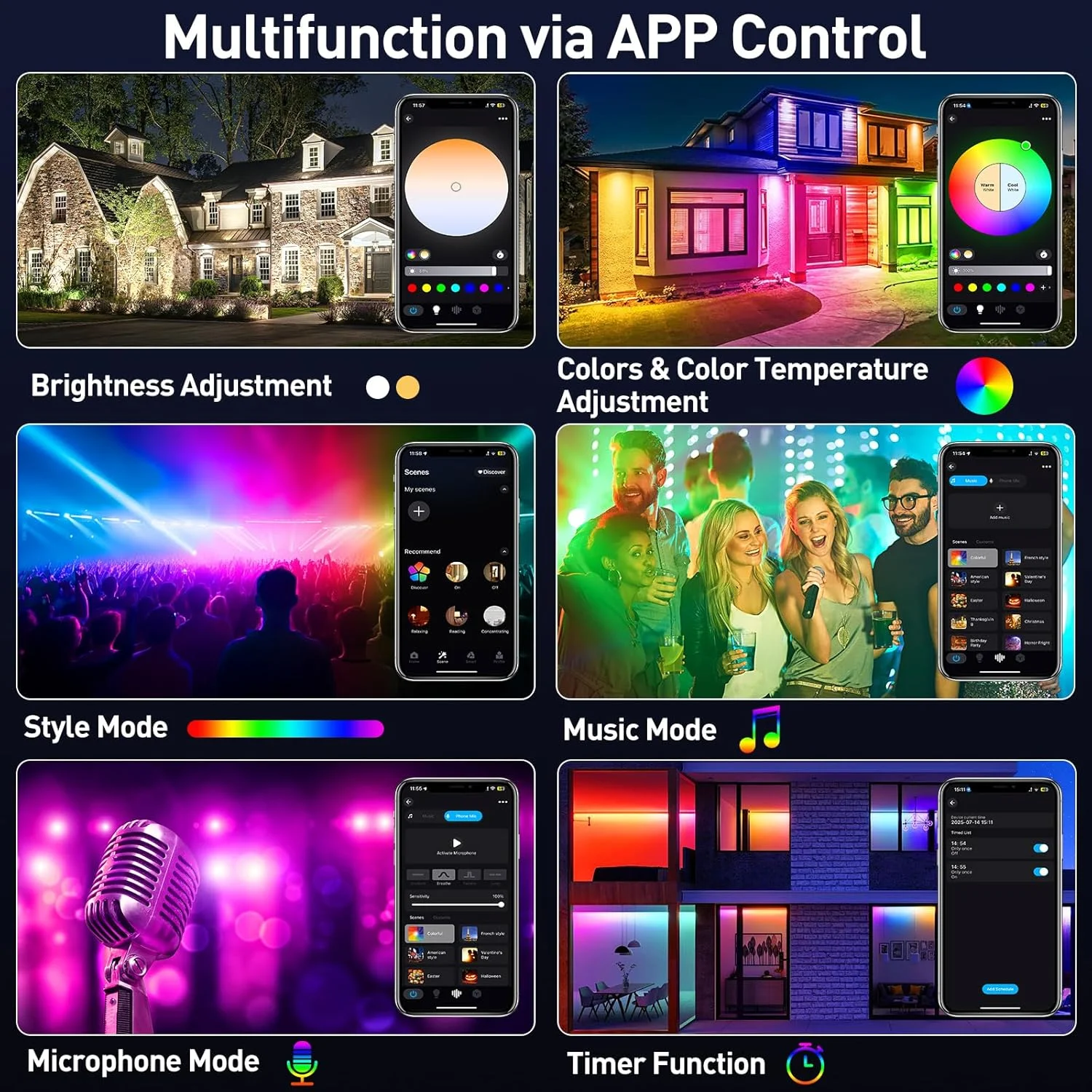 دو عدد نورافکن ال ای دی هوشمند RGB وای فای، پروژکتور ال ای دی رنگی هوشمند T-SUNUS، 100 وات، کنترل با اپلیکیشن بلوتوث IP66 ضد آب همگام سازی با موسیقی برای باغ، مهمانی، جشنواره، کریسمس