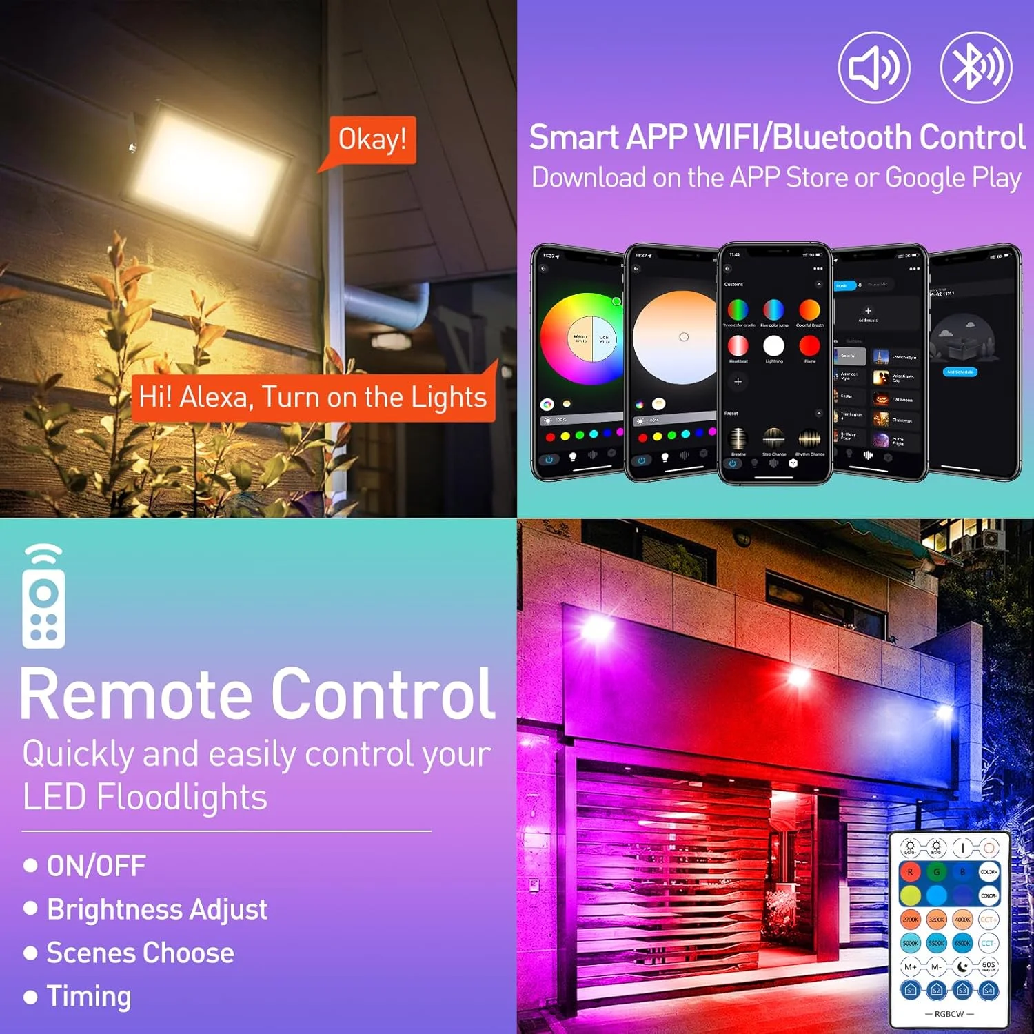 دو عدد نورافکن ال ای دی هوشمند RGB وای فای، پروژکتور ال ای دی رنگی هوشمند T-SUNUS، 100 وات، کنترل با اپلیکیشن بلوتوث IP66 ضد آب همگام سازی با موسیقی برای باغ، مهمانی، جشنواره، کریسمس