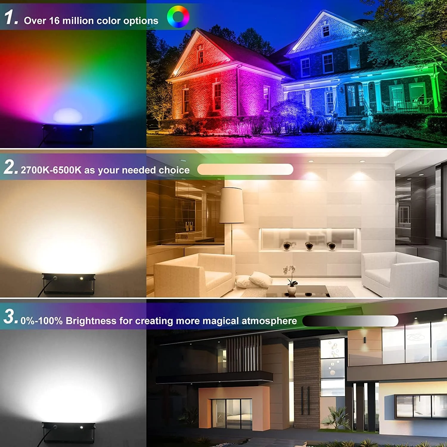 دو عدد نورافکن ال ای دی هوشمند RGB وای فای، پروژکتور ال ای دی رنگی هوشمند T-SUNUS، 100 وات، کنترل با اپلیکیشن بلوتوث IP66 ضد آب همگام سازی با موسیقی برای باغ، مهمانی، جشنواره، کریسمس