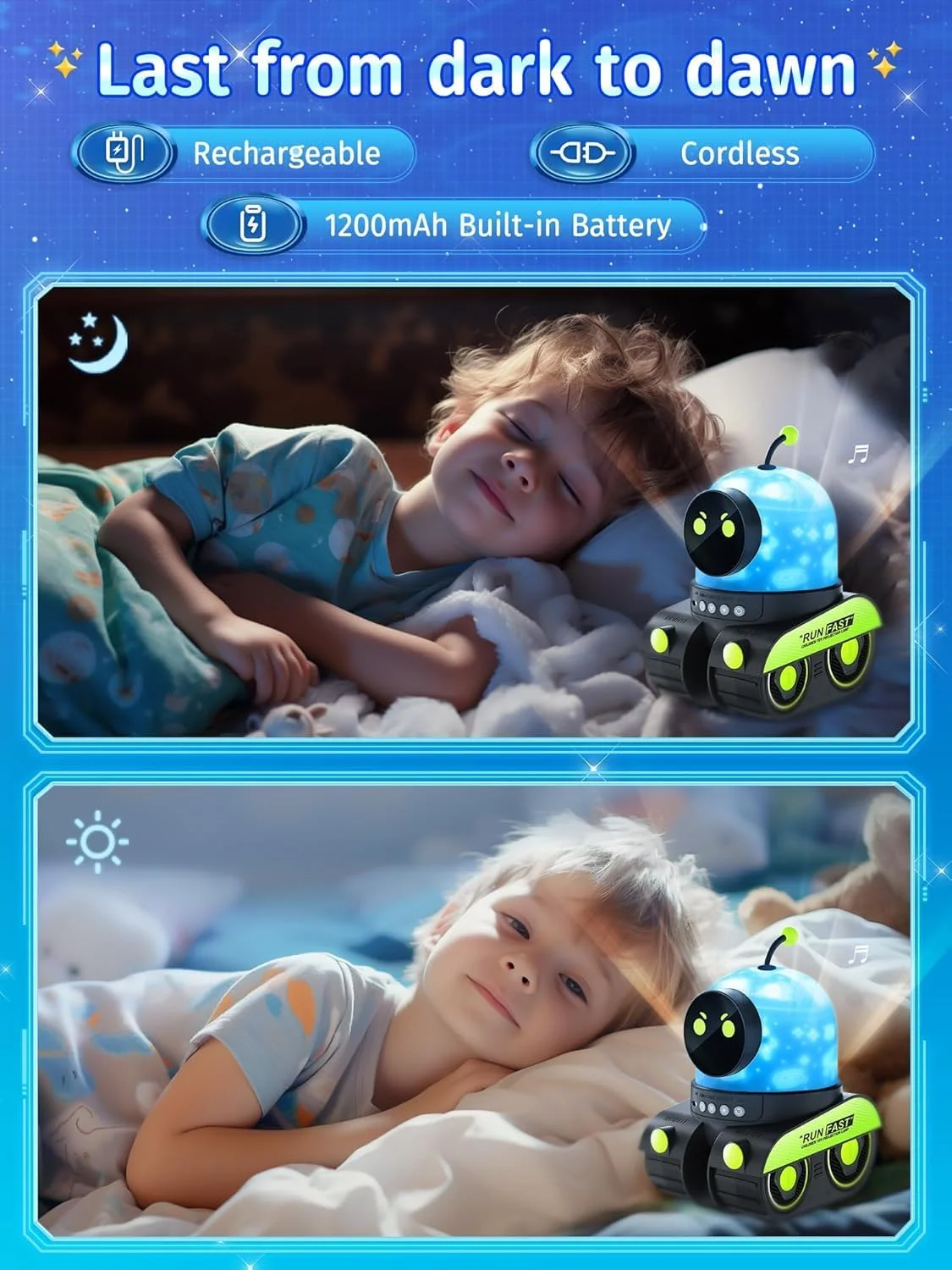 چراغ خواب پروژکتور آسمان پر ستاره برای کودکان - پروژکتور کهکشانی ال ای دی با 12 فیلم، بلوتوث HiFi، قابل شارژ 1200 میلی آمپر، چراغ خواب آرامش بخش کودک، لامپ آسمان پر ستاره چرخان برای اتاق کودک و اتاق خواب