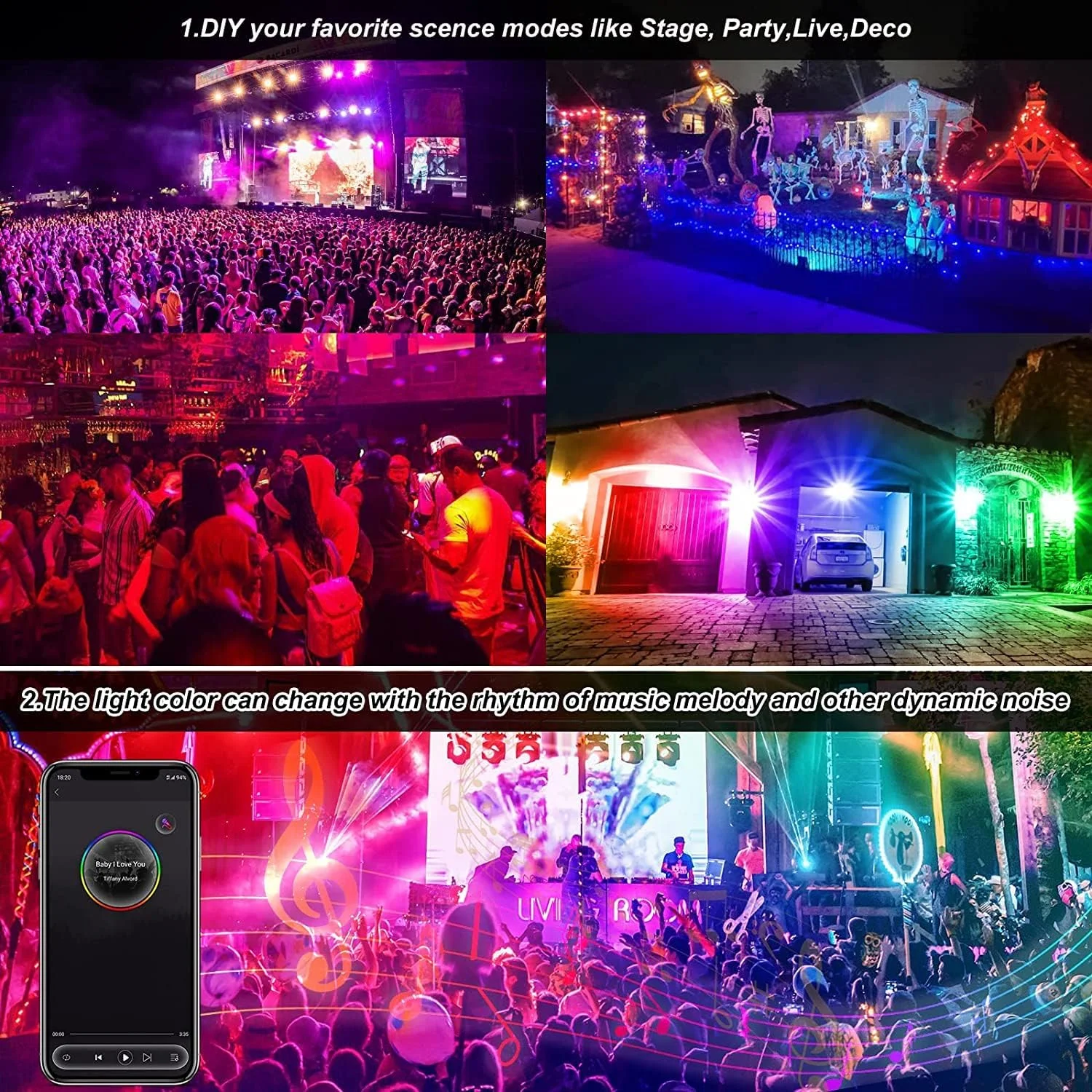 دو عدد نورافکن ال ای دی هوشمند RGB وای فای، پروژکتور ال ای دی رنگی هوشمند T-SUNUS، 100 وات، کنترل با اپلیکیشن بلوتوث IP66 ضد آب همگام سازی با موسیقی برای باغ، مهمانی، جشنواره، کریسمس