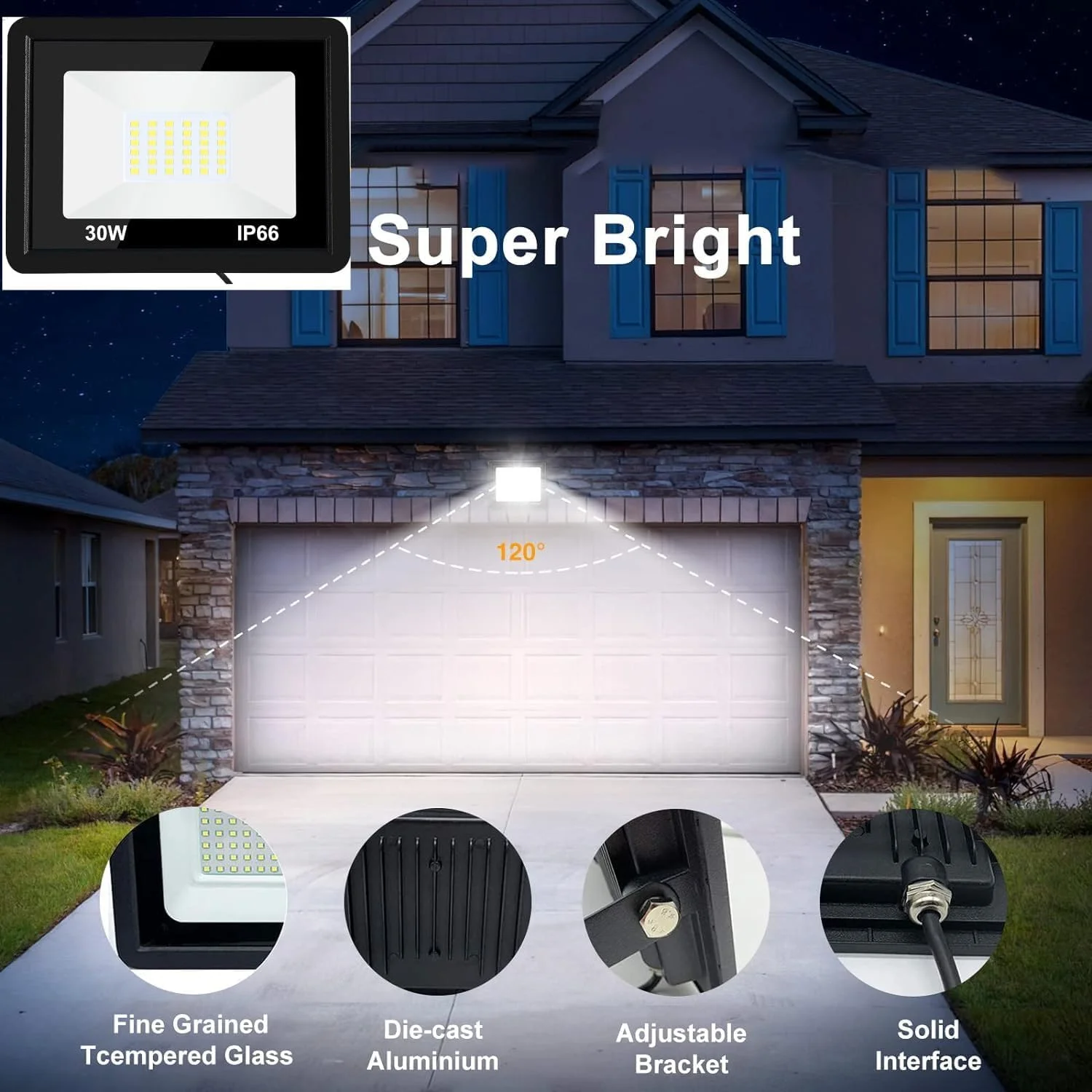 بسته 2 عددی چراغ های LED فوق العاده روشن فضای باز، چراغ امنیتی LED 30 وات 3000 لومن، نورپردازی ضد آب IP66 3000K سفید گرم برای فضای بیرونی باغ، گاراژ، پاسیو، بیلبورد، زمین بازی - تصویر 3