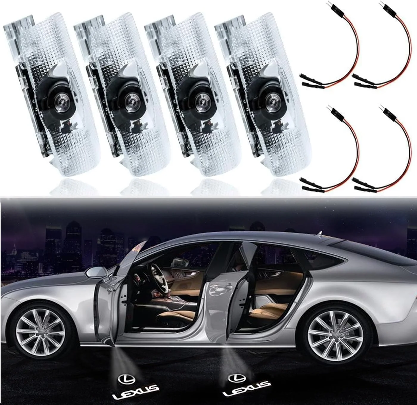 چراغ خوش‌آمدگویی لیزری آرم درب خودرو LED ولیگو، 4 عددی، پروژکتور با سایه شبح سه بعدی، لوازم جانبی چراغ جایگزین برای سری RXESGXLSLXISGSRCUX (4 عددی)، سفید لکسوس