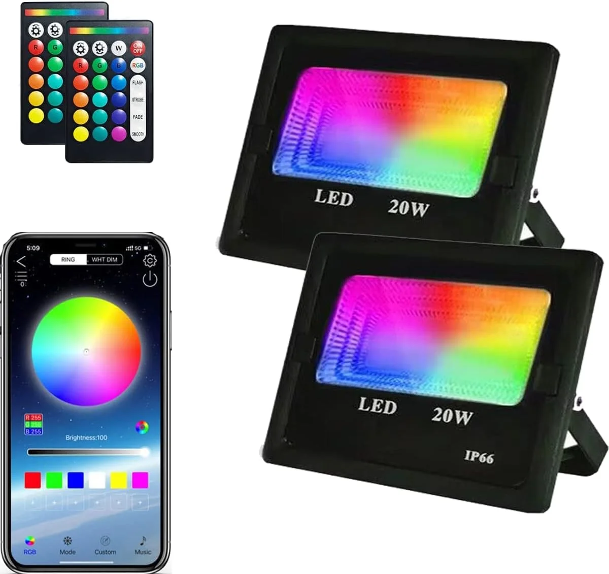 2 عدد پروژکتور ال ای دی 20 وات هوشمند RGB با قابلیت تغییر رنگ، 16 میلیون رنگ نورافکن دیمر پذیر، ضد آب IP66 با کنترل از راه دور و کنترل هوشمند برنامه بلوتوث برای مهمانی، استیج و باغ