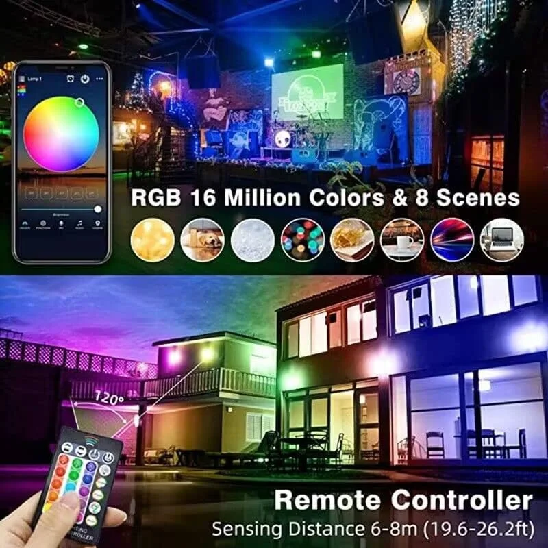 2 عدد پروژکتور ال ای دی 20 وات هوشمند RGB با قابلیت تغییر رنگ، 16 میلیون رنگ نورافکن دیمر پذیر، ضد آب IP66 با کنترل از راه دور و کنترل هوشمند برنامه بلوتوث برای مهمانی، استیج و باغ