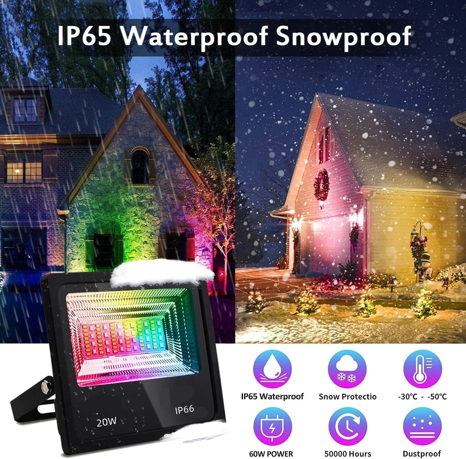 2 عدد پروژکتور ال ای دی 20 وات هوشمند RGB با قابلیت تغییر رنگ، 16 میلیون رنگ نورافکن دیمر پذیر، ضد آب IP66 با کنترل از راه دور و کنترل هوشمند برنامه بلوتوث برای مهمانی، استیج و باغ