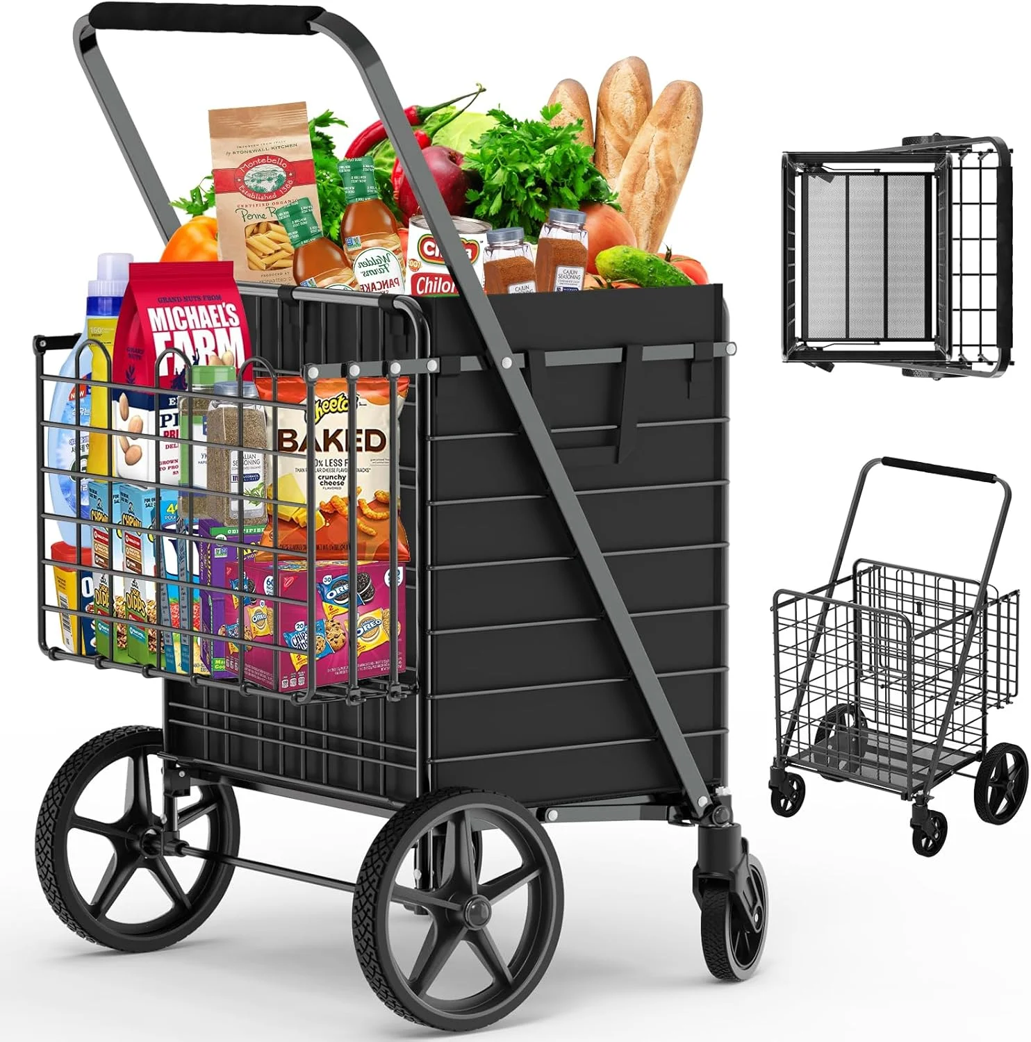 چرخ خرید بزرگ برای خواربار، ظرفیت حمل 156 کیلوگرم، دارای چرخ‌های گردان 360 درجه، آستر ضد آب، دو سبد، چرخ دستی تاشو قابل حمل برای سالمندان، لباسشویی، حمل و نقل - نقره ای
