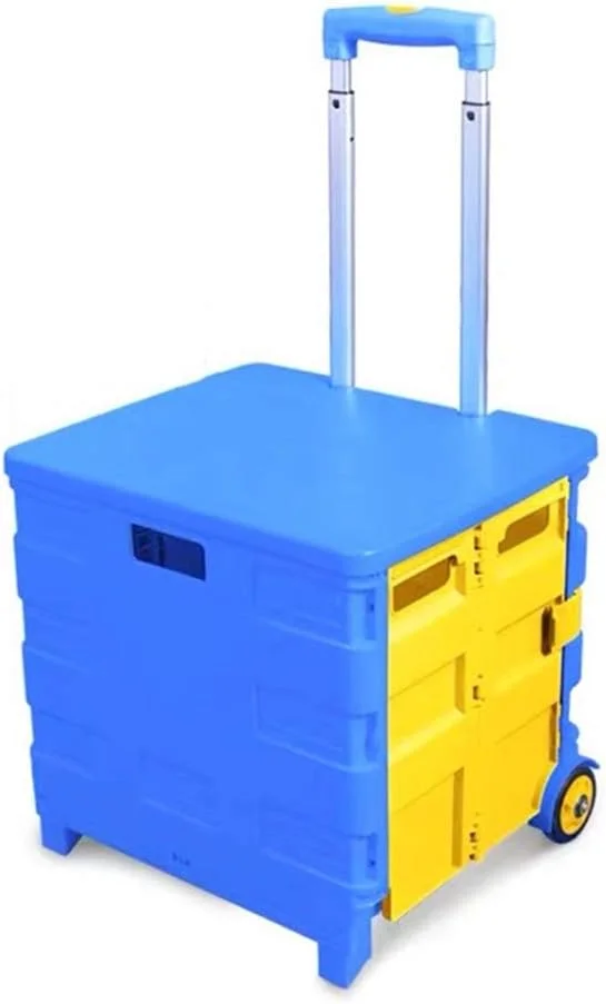 چرخ خرید تاشو ASN، چرخ دستی تاشو برای صندوق عقب، چرخ خرید تاشو سوپرمارکت با 2 چرخ و دسته، چرخ حمل و نقل با جعبه نگهداری درب دار، تحمل بار 40 کیلوگرم - 45 لیتر (رنگ: آبی + زرد)