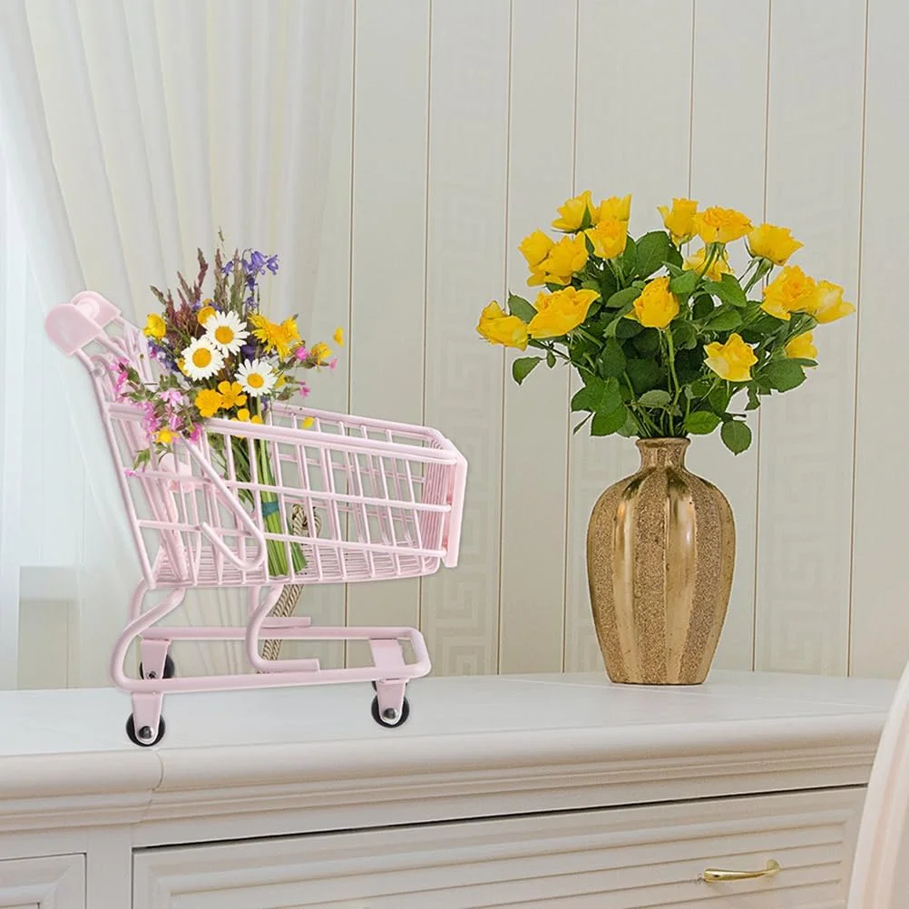 چرخ خرید کوچک برای کودکان، مدل تزئینی، نگهدارنده اسفنج آرایشی، صورتی، 11.5 x 11.5 x 7.5 سانتی متر، ایده آل برای آشپزخانه، دفتر یا اتاق خواب