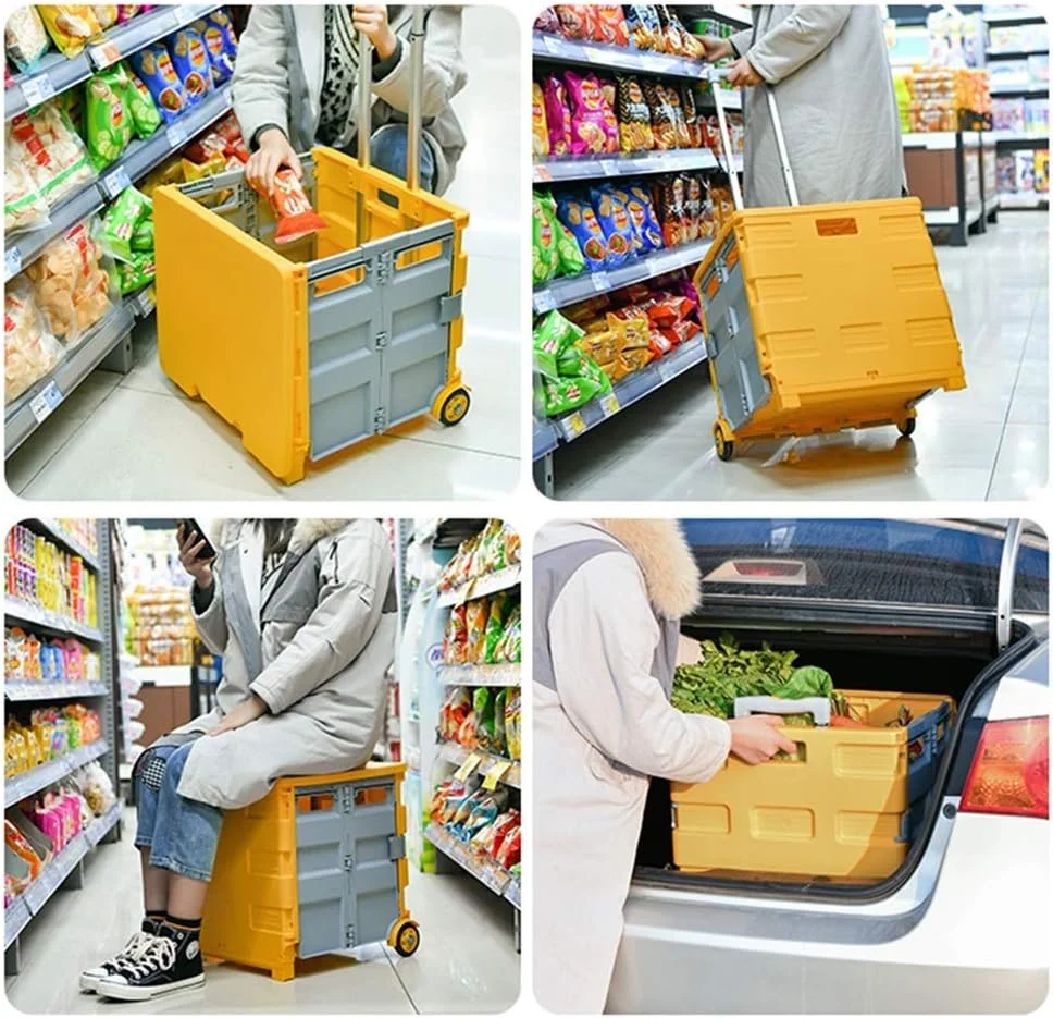 چرخ خرید تاشو، چرخ دستی تاشو صندوق عقب، چرخ دستی کوچک 2 چرخ 35 لیتری، جعبه حمل مواد غذایی سوپرمارکت، دسته قابل تنظیم در 3 ارتفاع، 2 رنگ (رنگ: خاکستری + زرد)