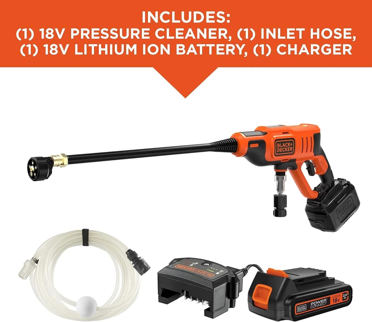 کارواش برقی شارژی 5 در 1 بلک اند دکر، سری POWERCONNECT، 18 ولت، 350 PSI، 24 بار، شستشوی فشار قوی، باتری لیتیوم یونی 2 آمپر ساعت، شلنگ 6 متری، شارژر 1 آمپر، نارنجی/مشکی - BCPC18D1-GB