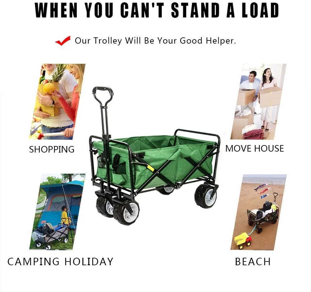 چرخ دستی تاشو ZCM-Trolley برای ساحل - تحمل بار 80 کیلوگرم، چرخ های 7 اینچی مناسب برای تمام سطوح، دسته گردان قابل تنظیم، مناسب برای خرید، عکاسی در فضای باز، ماهیگیری، کمپینگ، سبز