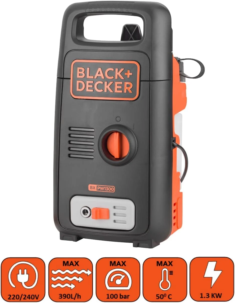 کارواش بلک اند دکر BXPW1300E، فشار 100 بار PSI، نازل چرخشی، نازل فوم 0.4 لیتری، نازل جت، لنس الحاقی، شلنگ 3 متری، 1300 وات، نارنجی