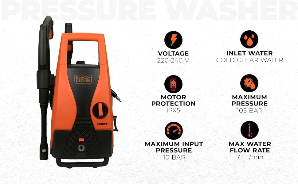 کارواش خانگی بلک اند دکر مدل PW1450TD با توان 1400 وات، فشار 105 بار و جریان آب 7.1 لیتر در دقیقه (قرمز و مشکی)