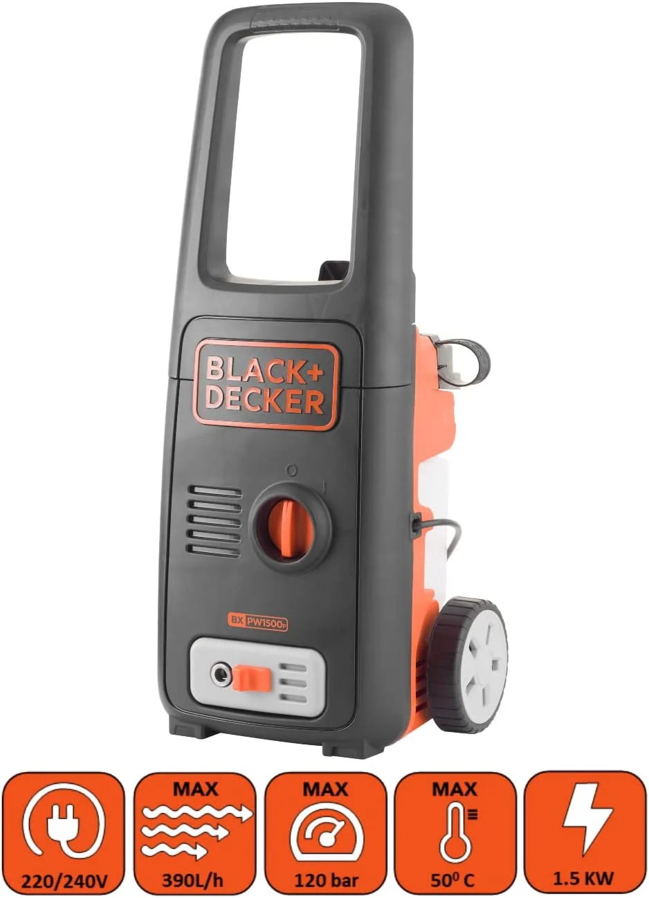 کارواش بلک اند دکر BXPW1500E، فشار 120 بار PSI، نازل چرخشی، نازل فوم 0.4 لیتری، نازل جت، لنس افزایشی، شلنگ 6 متری، 1500 وات، نارنجی