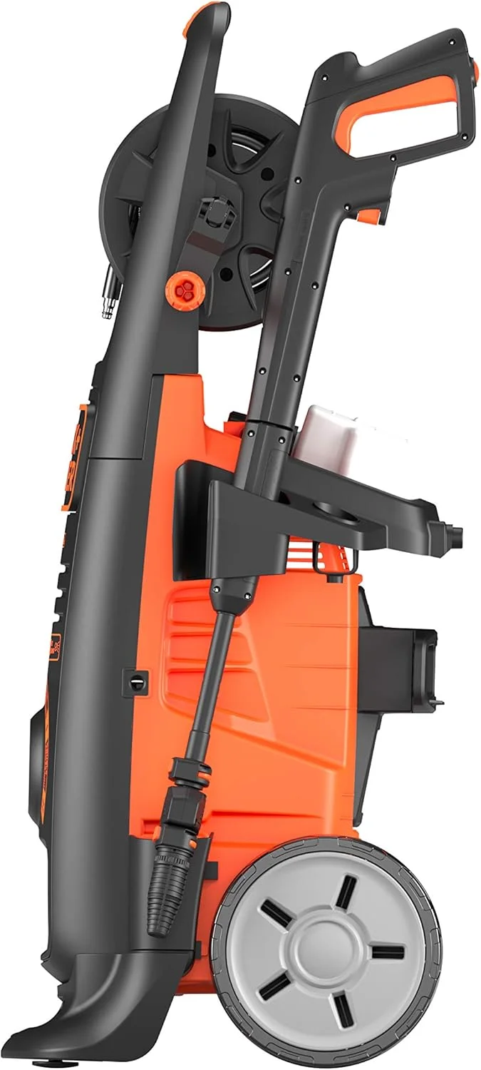 کارواش بلک اند دکر مدل BXPW2500DTS به همراه لنس، نازل های دوگانه چرخشی، نازل جت قابل تنظیم، شلنگ 8 متری، قرقره شلنگ، نازل فوم 0.4 لیتری، سیستم Dualtech، مشکی و نارنجی