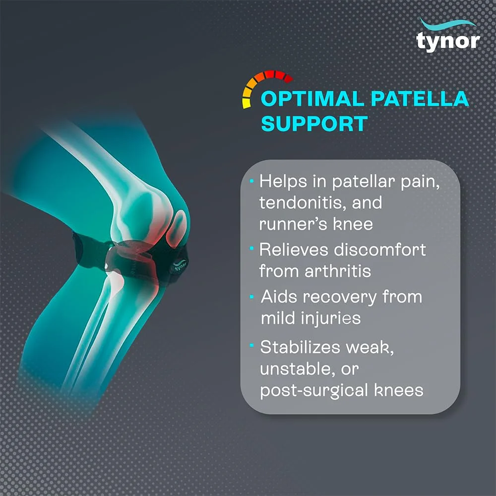 بند نگهدارنده تاندون کشکک زانو TYNOR، بسته 2 عددی، نئوپرن قابل تنظیم با پد ژله ای، زانوبند تثبیت کننده کشکک برای مردان و زنان، مناسب تاندونیت، دویدن، پیاده روی، بسکتبال، پرش، تنیس، مشکی، سایز آزاد