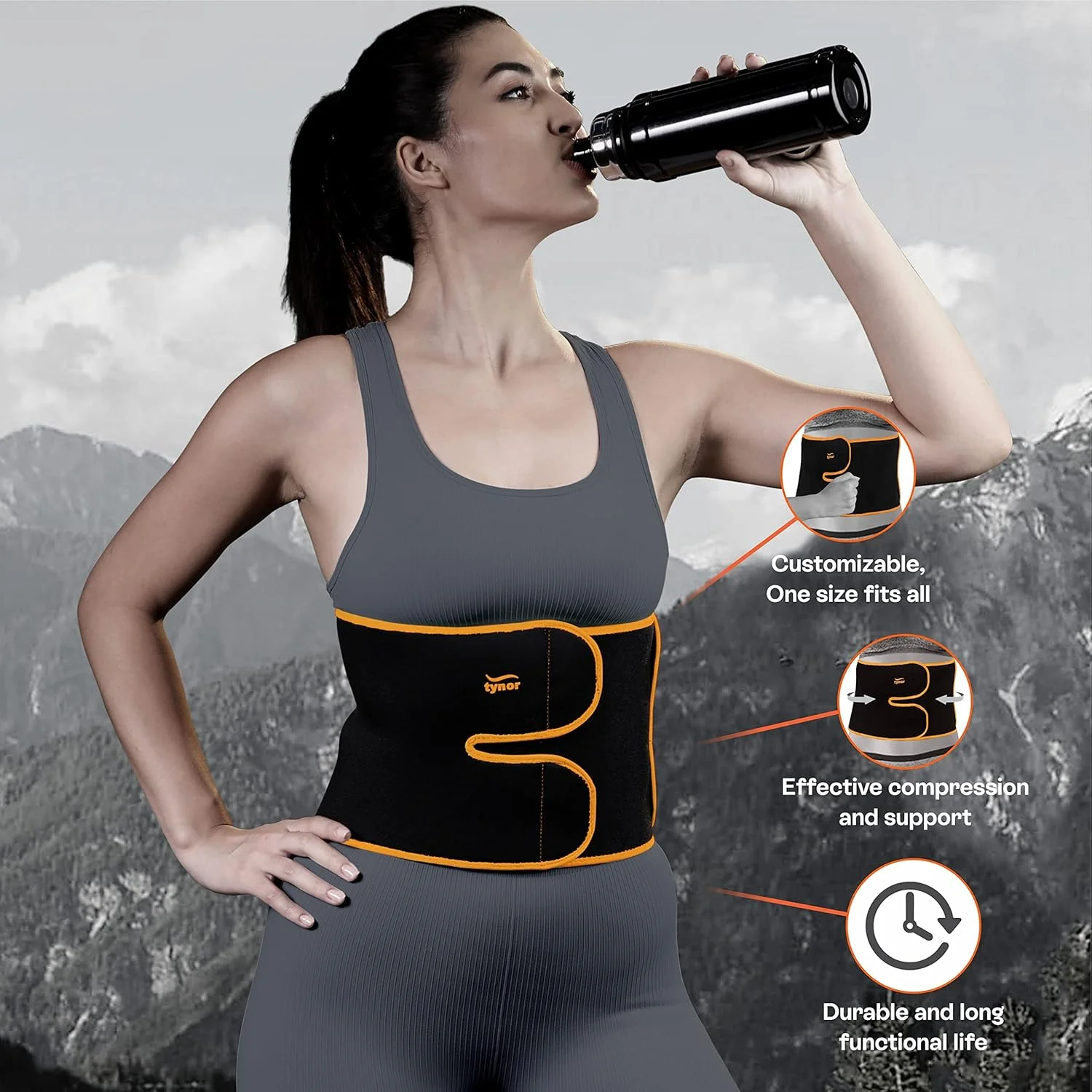 شکم بند قابل تنظیم Tynor (Neo)، مشکی و نارنجی، یونیورسال، 1 عدد