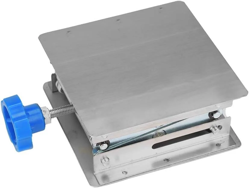 پایه جک آزمایشگاهی، 100x100x160 میلی متر، سکوی بالابر آزمایشگاهی قابل تنظیم 160 میلی متری قیچی جک آزمایشگاهی استیل ضد زنگ (دسته آبی)