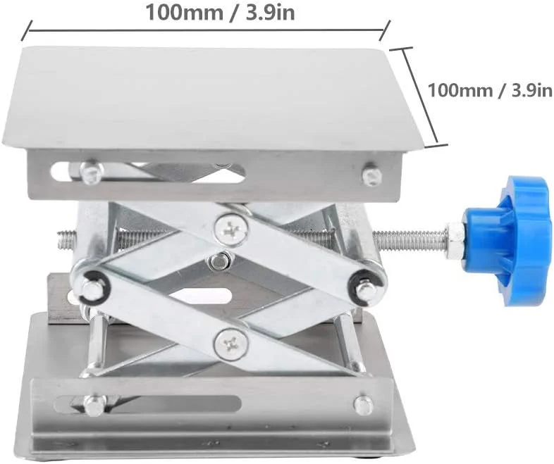 پایه جک آزمایشگاهی، 100x100x160 میلی متر، سکوی بالابر آزمایشگاهی قابل تنظیم 160 میلی متری قیچی جک آزمایشگاهی استیل ضد زنگ (دسته آبی)