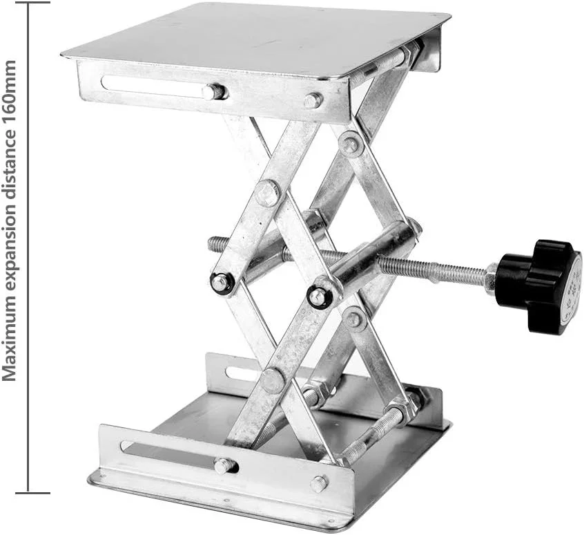 پایه جک آزمایشگاهی، سکوی 100x100x160 میلی‌متری قابل تنظیم از جنس استیل ضد زنگ (دسته مشکی)