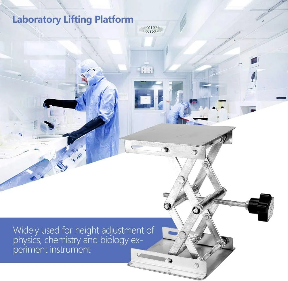 پایه جک آزمایشگاهی، سکوی 100x100x160 میلی‌متری قابل تنظیم از جنس استیل ضد زنگ (دسته مشکی)