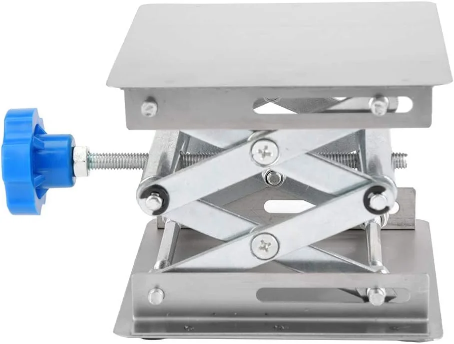 پایه جک آزمایشگاهی، 100x100x160 میلی متر، سکوی بالابر آزمایشگاهی قابل تنظیم 160 میلی متری قیچی جک آزمایشگاهی استیل ضد زنگ (دسته آبی)