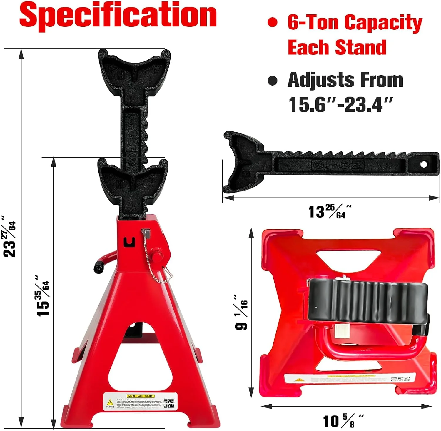 خرک جک 6 تن (13200 پوند)، قابل تنظیم 15.6 تا 23.4 اینچ با قفل دوبل پین برای ایمنی بیشتر. خرک جک سنگین با پدهای لاستیکی اضافی، خرک جک برای کامیون، بالابر خودرو برای گاراژ خانگی، بالابر شاسی بلند، وانت، خودرو و UTV/ATV، یک جفت قرمز