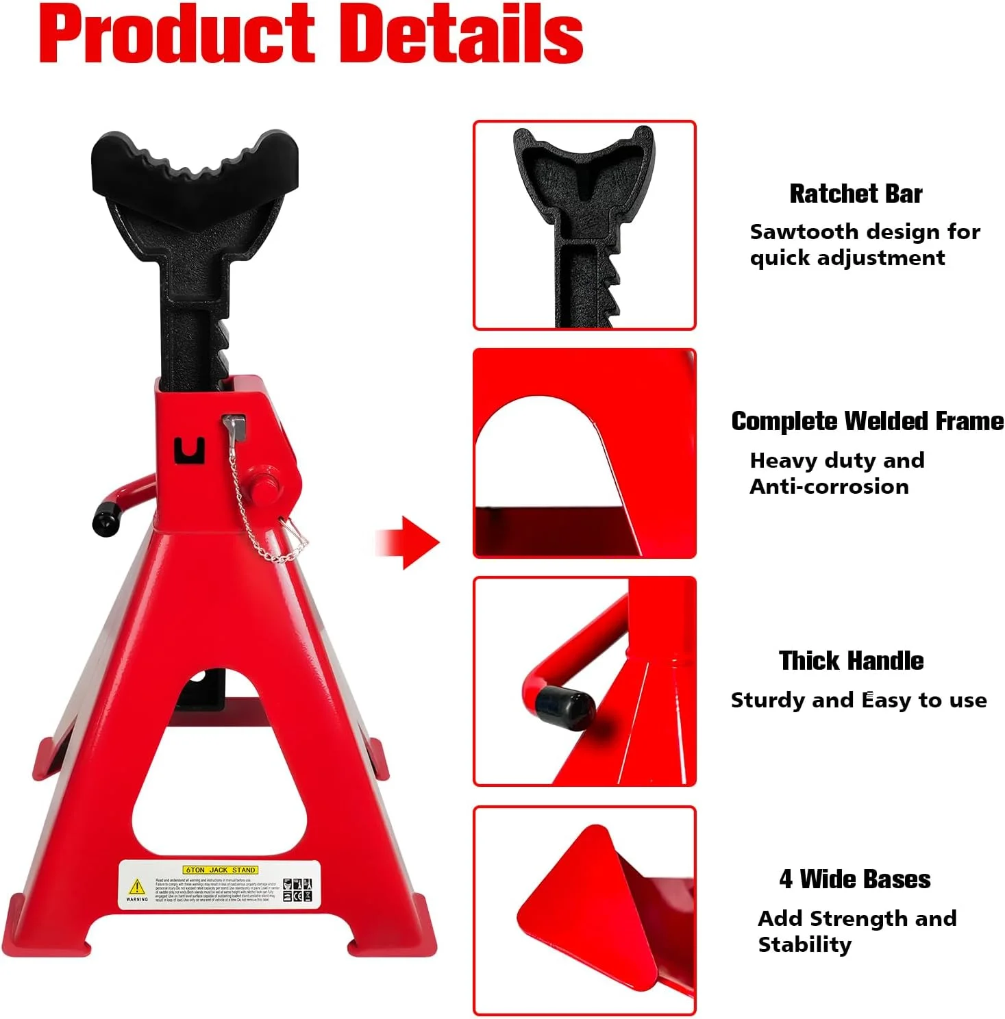 خرک جک 6 تن (13200 پوند)، قابل تنظیم 15.6 تا 23.4 اینچ با قفل دوبل پین برای ایمنی بیشتر. خرک جک سنگین با پدهای لاستیکی اضافی، خرک جک برای کامیون، بالابر خودرو برای گاراژ خانگی، بالابر شاسی بلند، وانت، خودرو و UTV/ATV، یک جفت قرمز