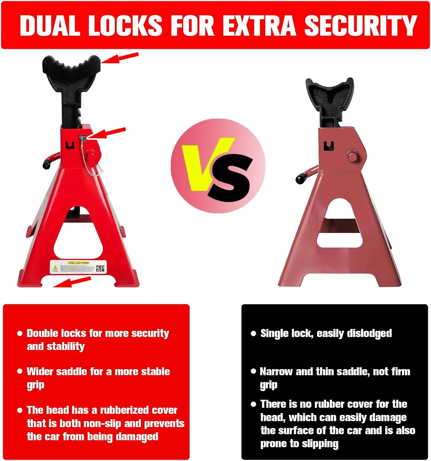 خرک جک 6 تن (13200 پوند)، قابل تنظیم 15.6 تا 23.4 اینچ با قفل دوبل پین برای ایمنی بیشتر. خرک جک سنگین با پدهای لاستیکی اضافی، خرک جک برای کامیون، بالابر خودرو برای گاراژ خانگی، بالابر شاسی بلند، وانت، خودرو و UTV/ATV، یک جفت قرمز