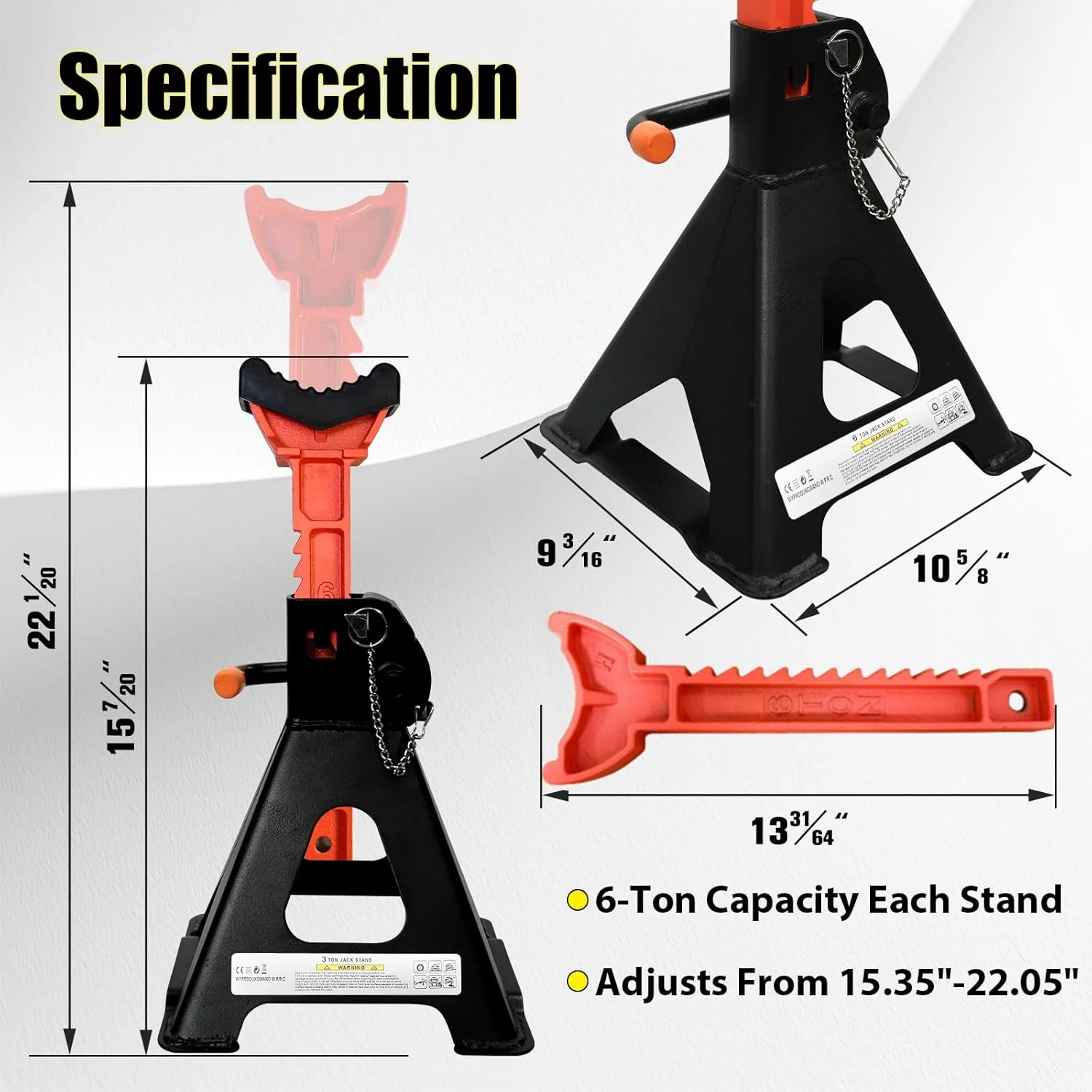 خرک های ارتقا یافته 6 تن (13200 پوند) با 2 میله عرضی و قفل دوبل پین، ایمن و پایدار، خرک های قابل تنظیم 15.35 اینچ - 22.05 اینچ با پدهای لاستیکی برای کامیون ها، خانه، گاراژ، SUV، خودرو، UTV/ATV، 1 جفت