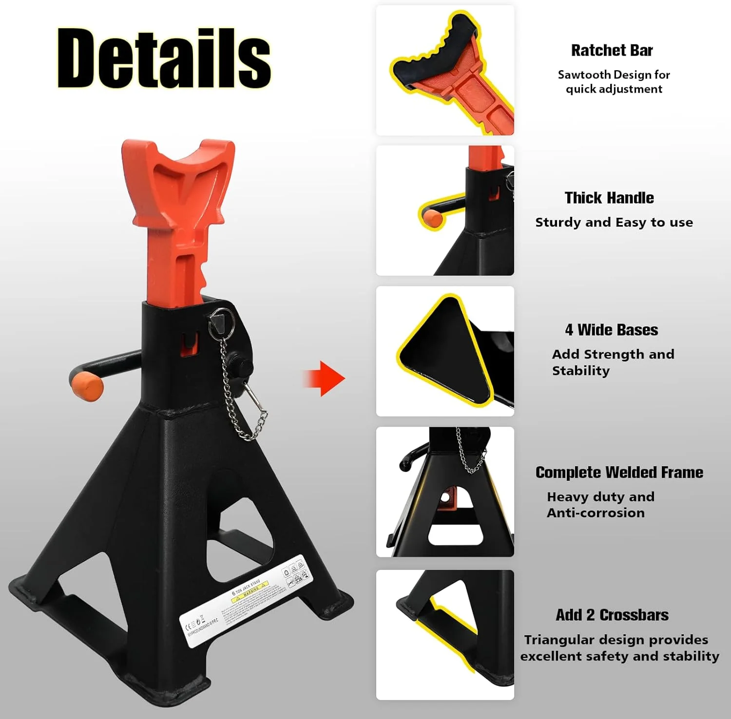 خرک های ارتقا یافته 6 تن (13200 پوند) با 2 میله عرضی و قفل دوبل پین، ایمن و پایدار، خرک های قابل تنظیم 15.35 اینچ - 22.05 اینچ با پدهای لاستیکی برای کامیون ها، خانه، گاراژ، SUV، خودرو، UTV/ATV، 1 جفت