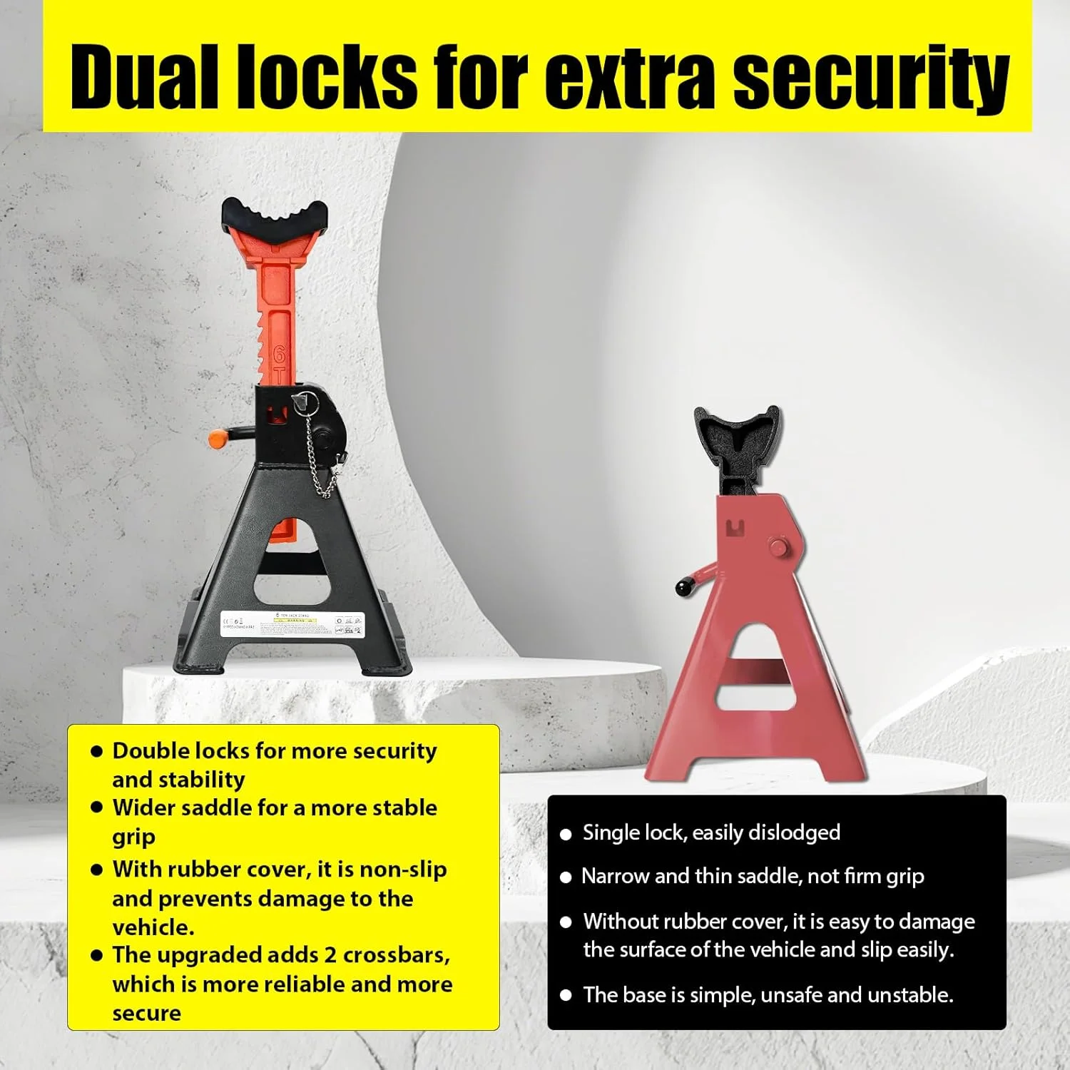 خرک های ارتقا یافته 6 تن (13200 پوند) با 2 میله عرضی و قفل دوبل پین، ایمن و پایدار، خرک های قابل تنظیم 15.35 اینچ - 22.05 اینچ با پدهای لاستیکی برای کامیون ها، خانه، گاراژ، SUV، خودرو، UTV/ATV، 1 جفت