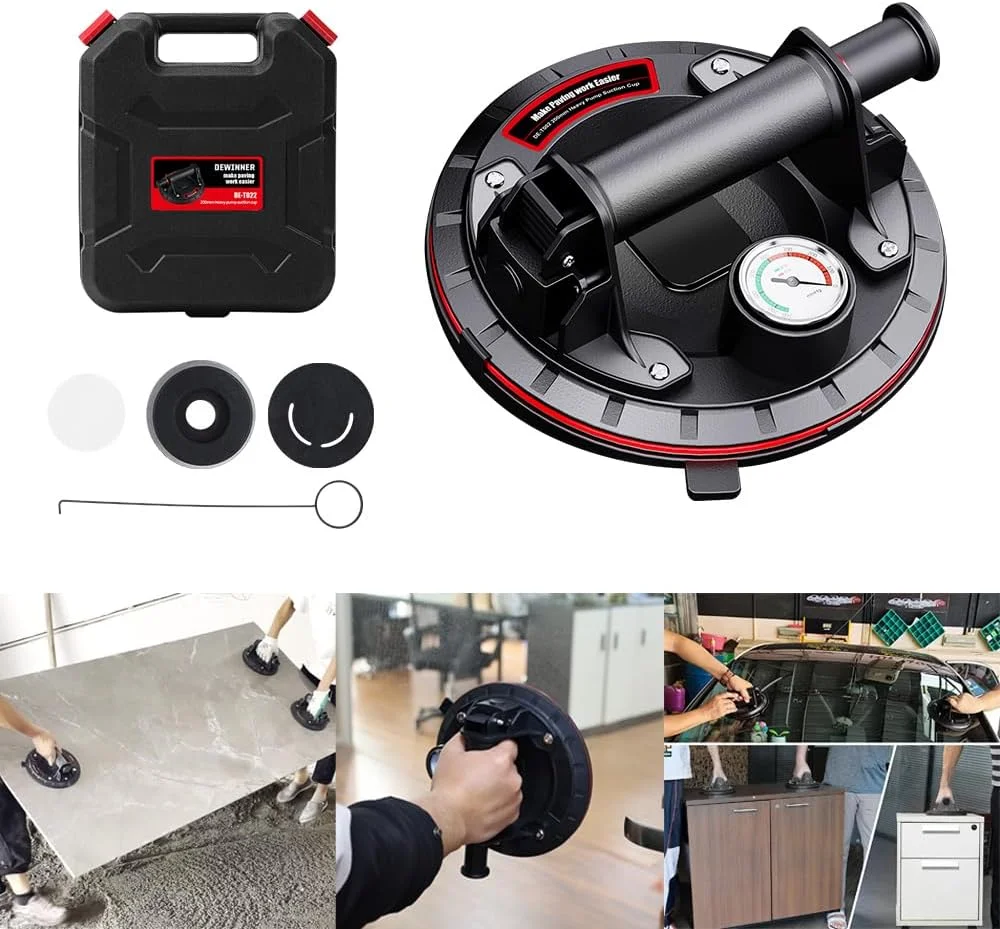 فنجان مکش شیشه ای DEWINNER 8 اینچی برای بلند کردن شیشه بزرگ، فنجان مکش خلاء صنعتی با دسته، بالابر دستی سنگین برای بلند کردن کاشی و تعویض پنجره، تحمل وزن 100 کیلوگرم با کیف حمل